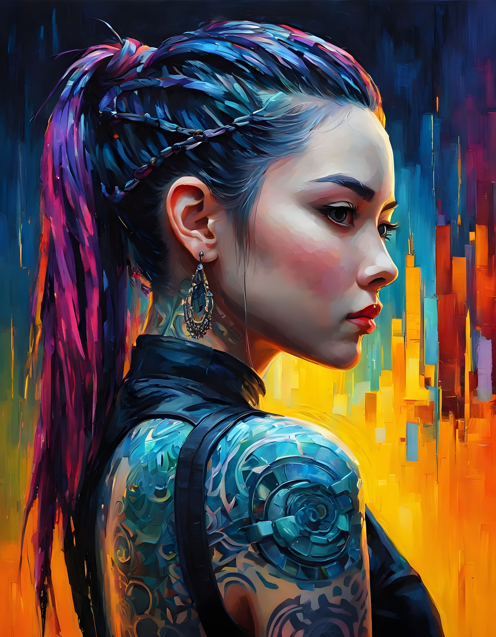 Cyberpunk Anime Woman With Detailed Geometric Tattoo Portrai...
