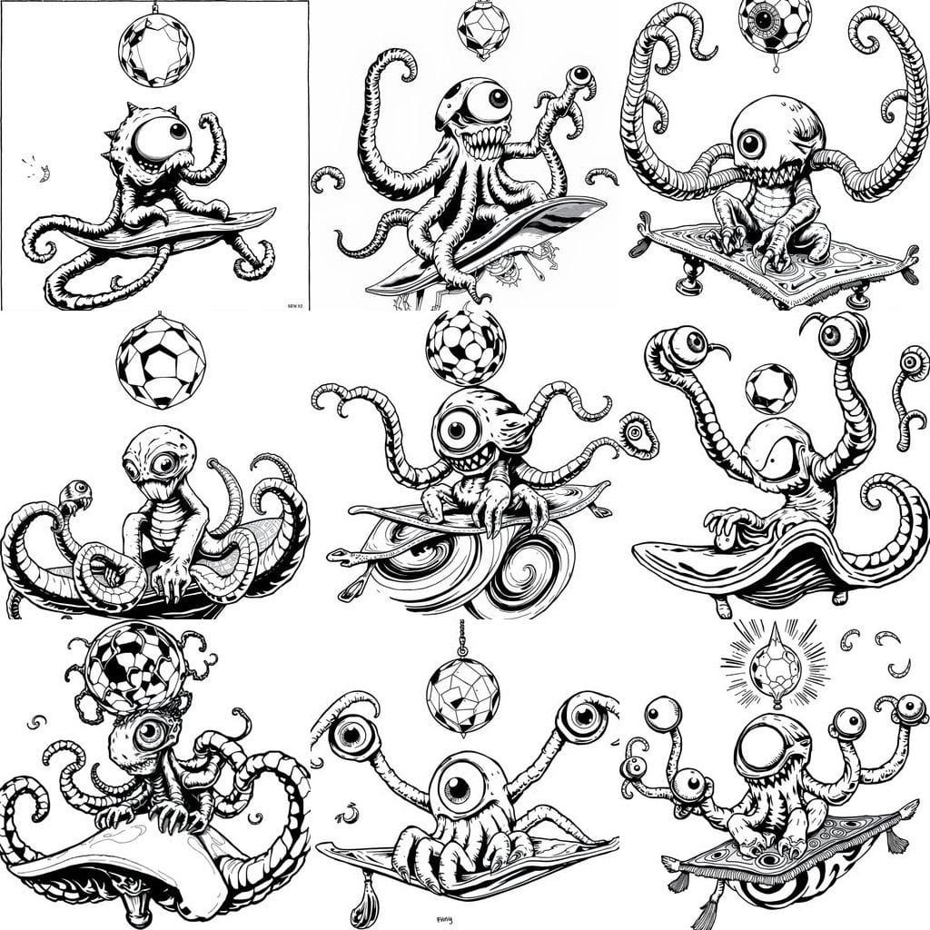 Golem Alien Sits on Psychedelic Magic Flying Carpet in Bold ...