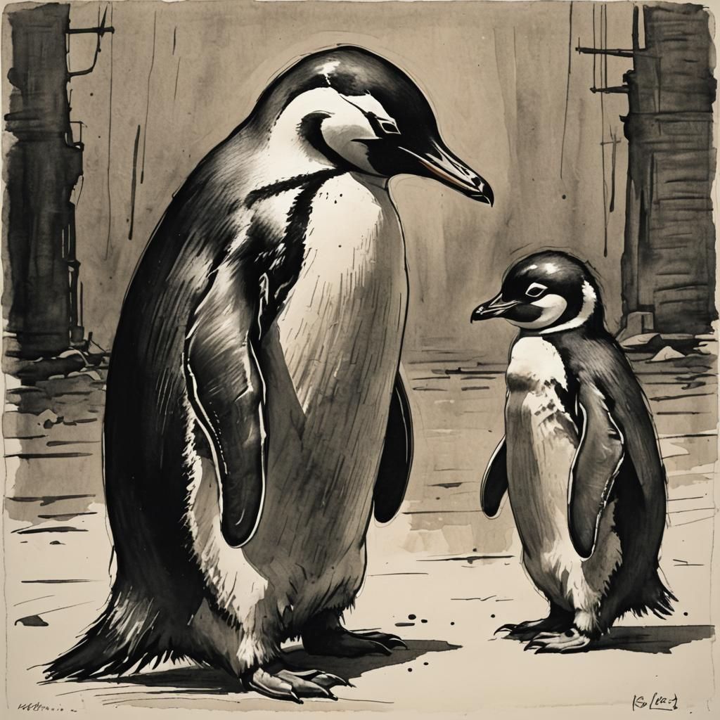Mother and Baby Penguin in Comic Noir Style