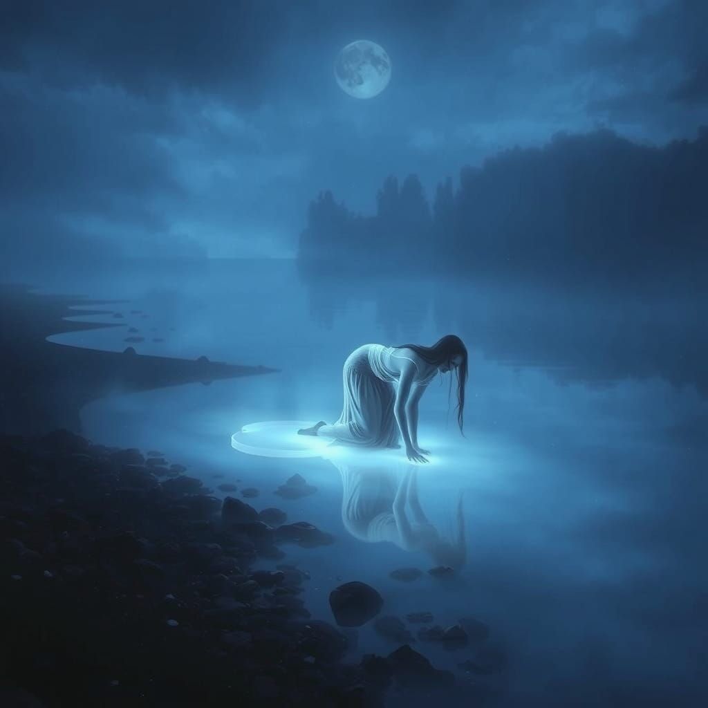 Ethereal Woman Crawling on Midnight Lake