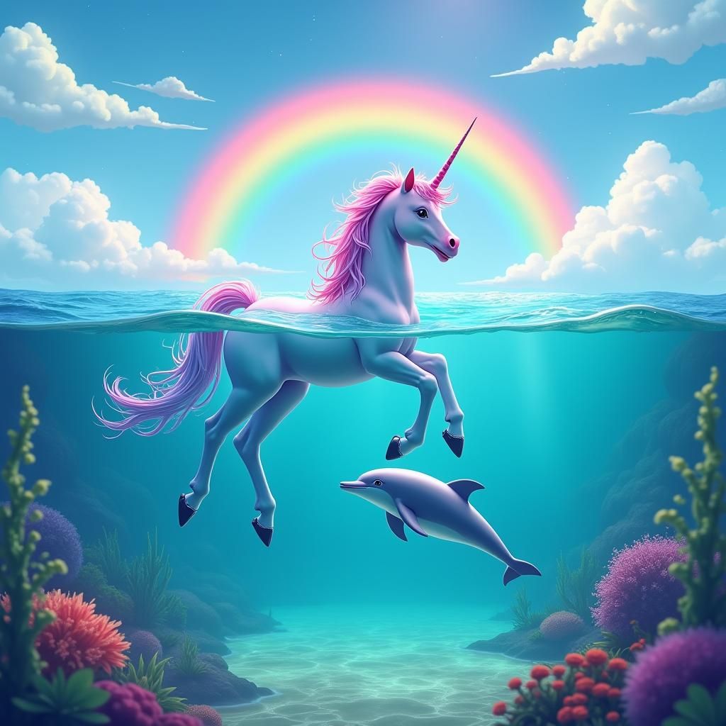 Unicorn and Dolphin Under Rainbow: 3D Anime Art