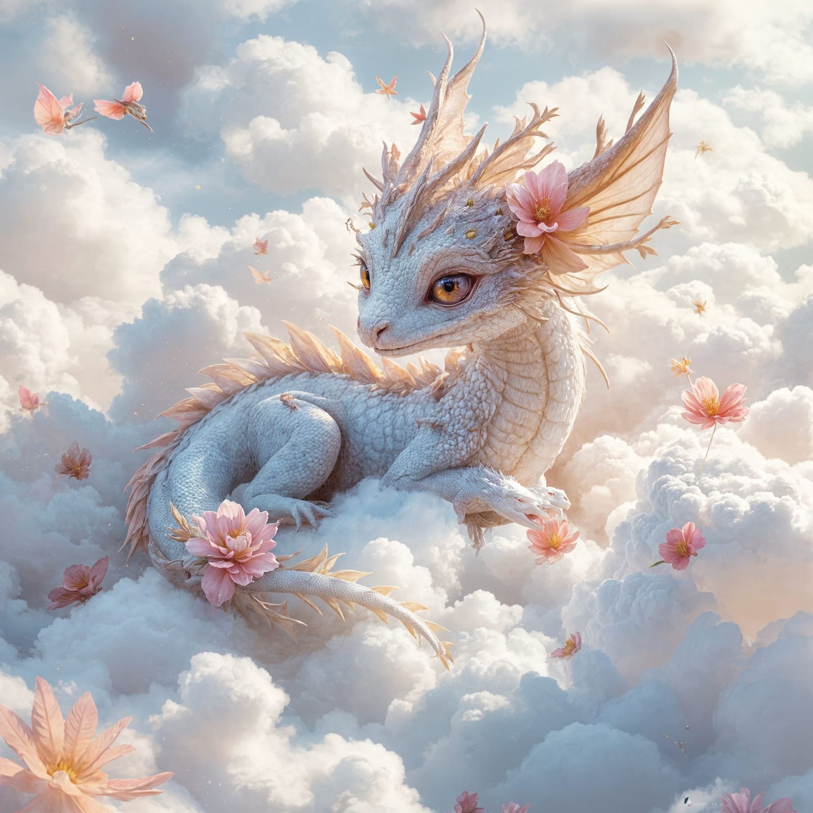 Whimsical Baby Dragon Amidst Clouds in Vibrant Color