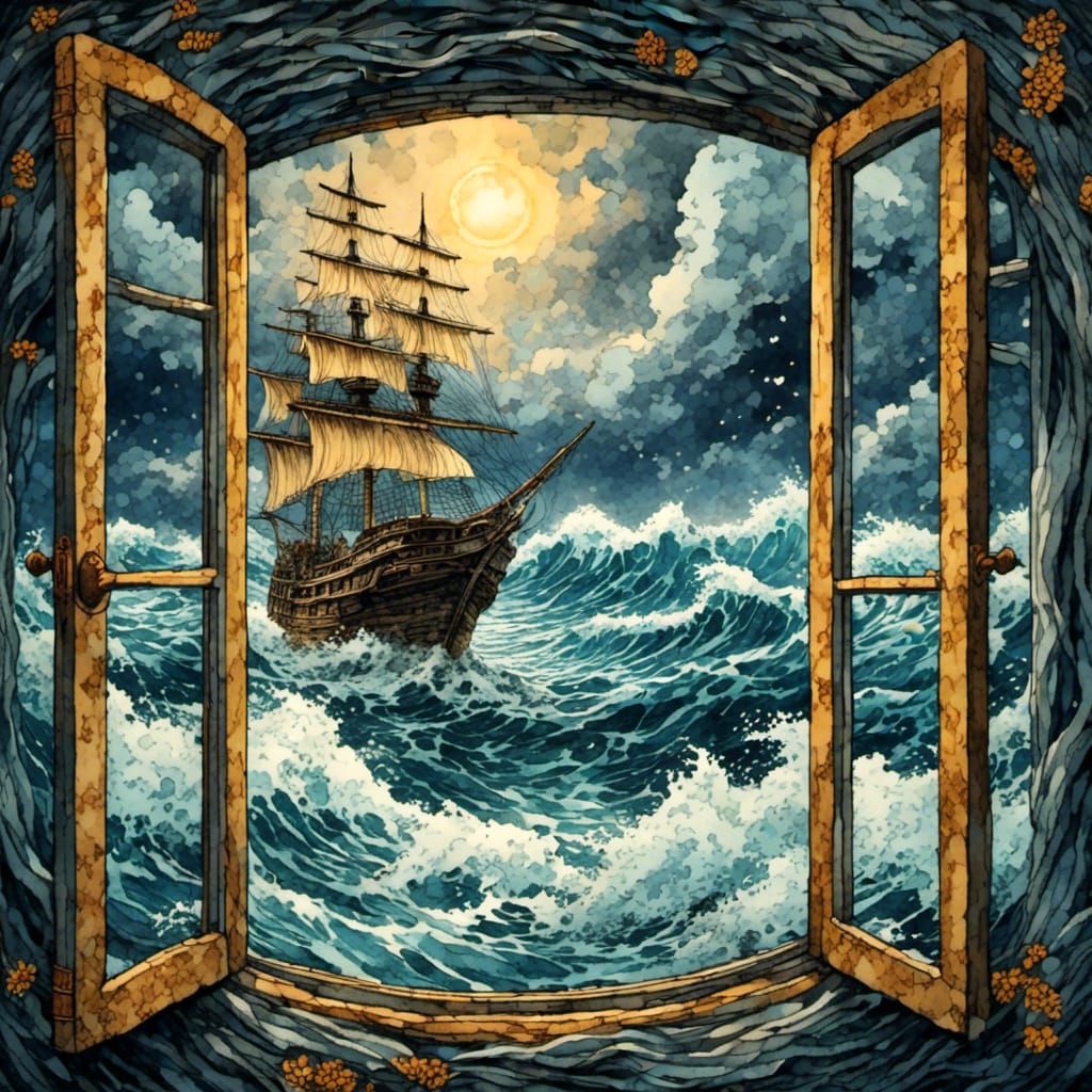 Stormy Ocean View Through Window, Watercolor Style