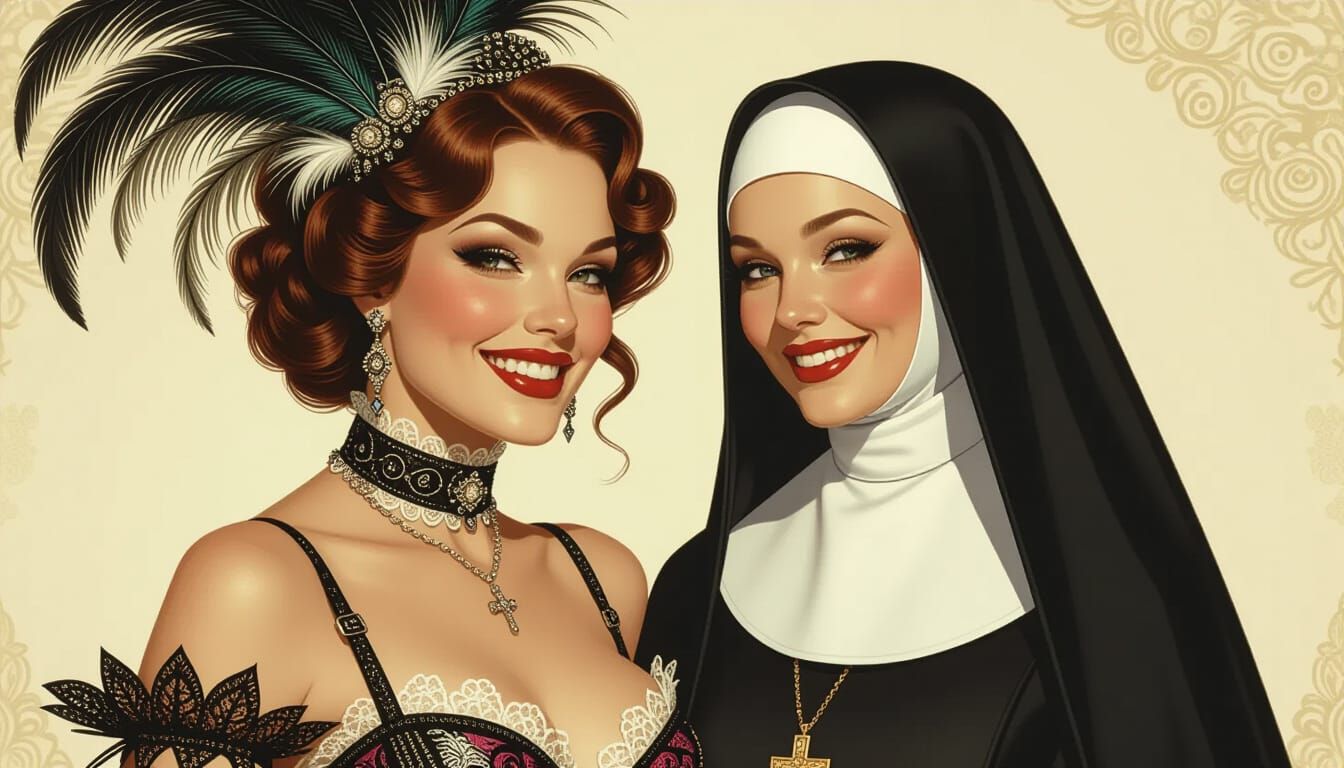 Burlesque Dancer and Nun Share Joyful Smiles in Photorealist...