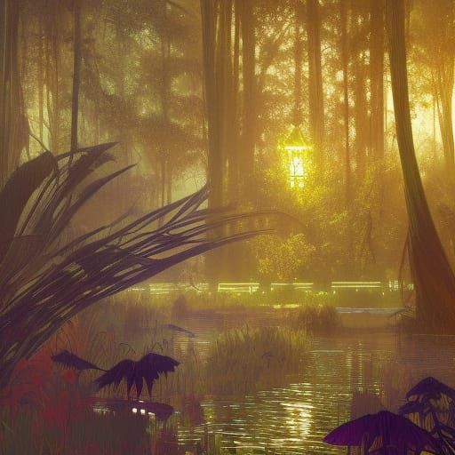 Luminous Emerald and Gold Swamp at Night