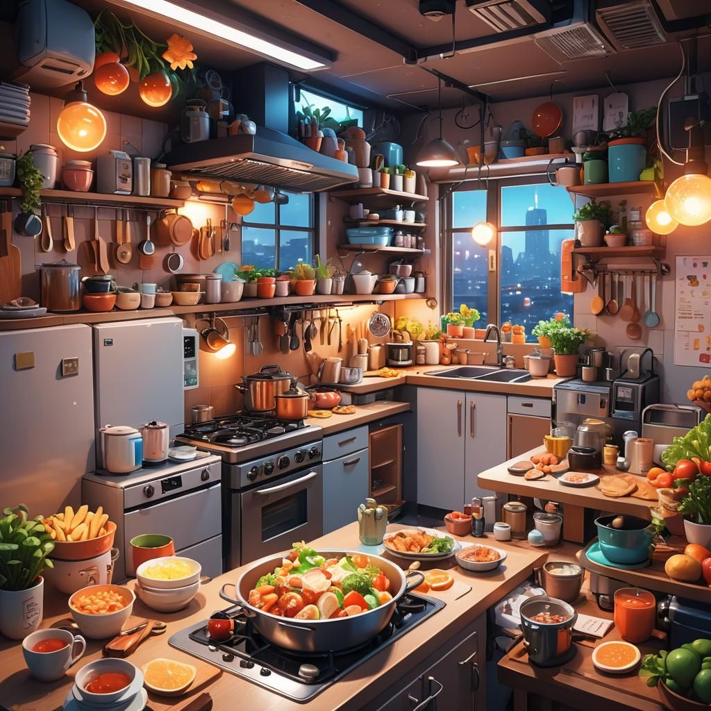 Anime Kitchen in Neon-Lit 3D