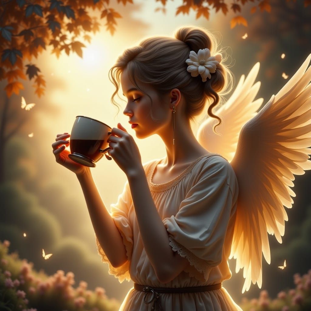 Beautiful Angel Drinking Coffee, Hyperreal Art