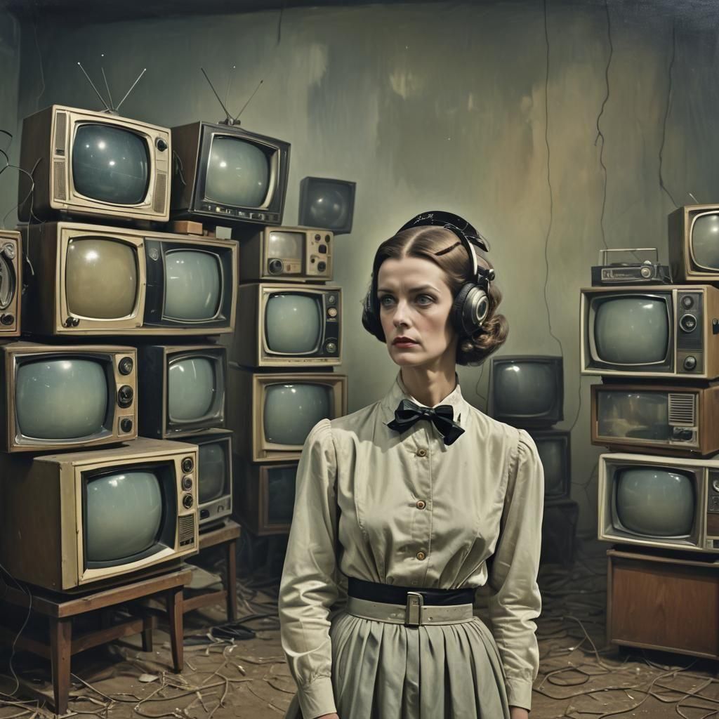 Surreal Woman with Television Heads in Gloomy Setting