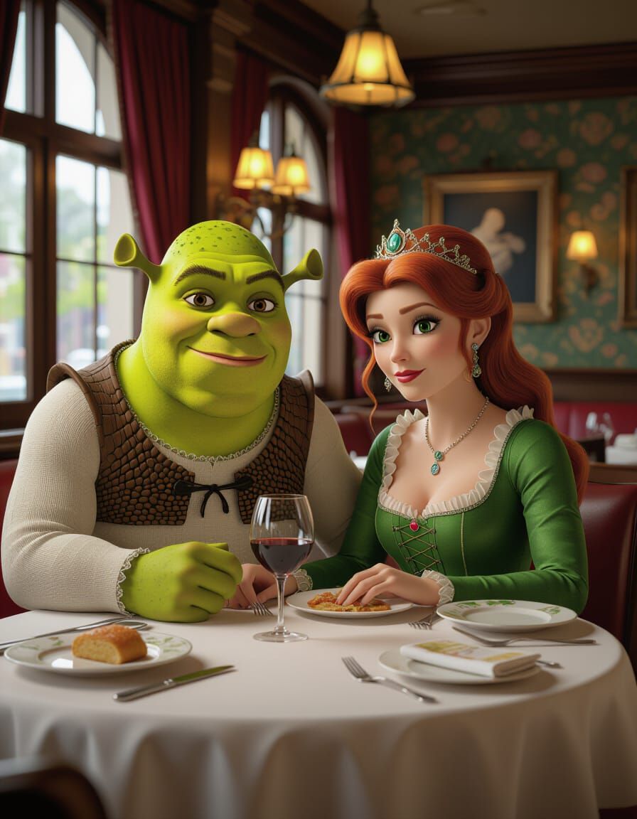 Shrek and Fiona at Modern Restaurant, Photorealistic