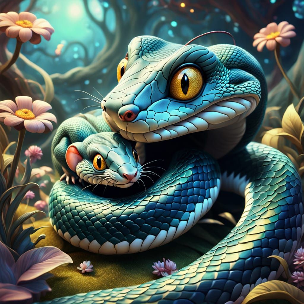 Whimsical Snake and Mice Hugging in Fantasy Land