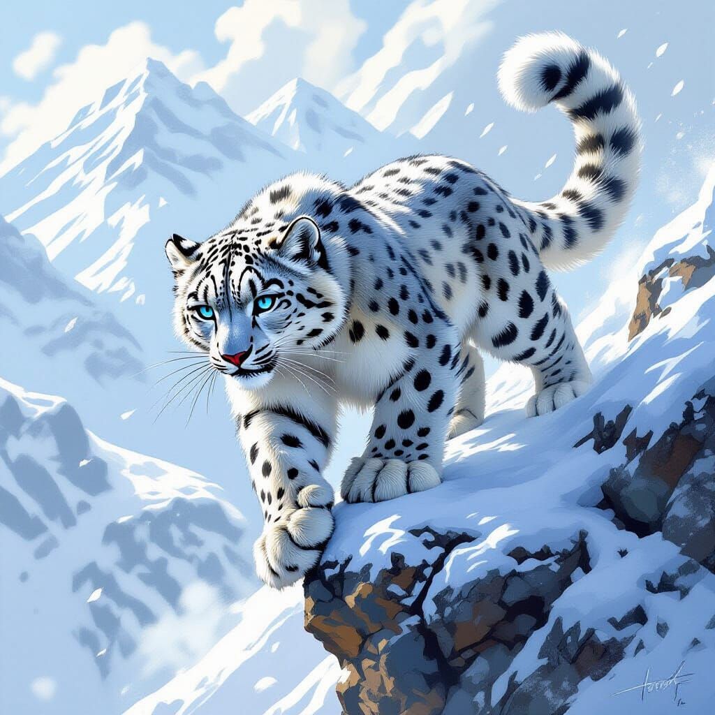 Snow Leopard Pounces with Icy Blue Eyes