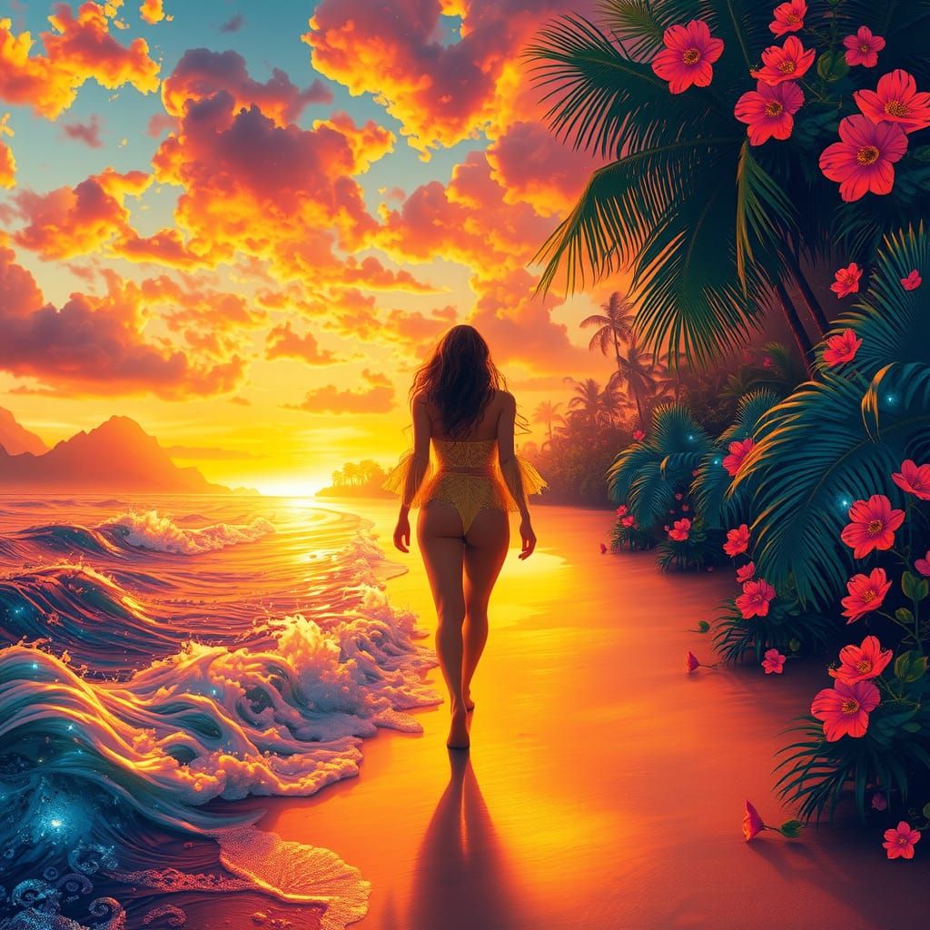 Tropical Beach Sunset with Figure, Painterly Style