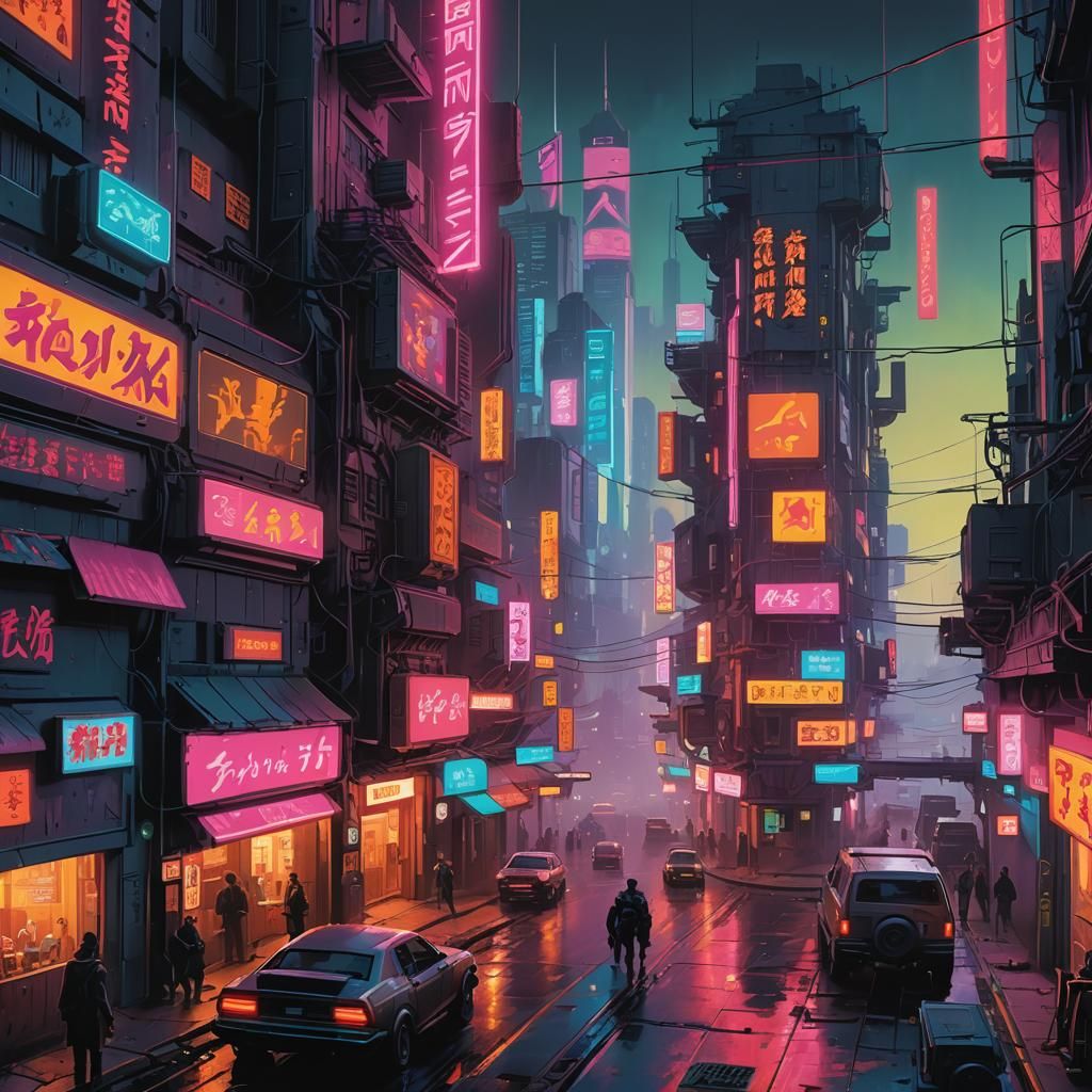 Gouache Painting: Whimsical Cyberpunk Fantasy