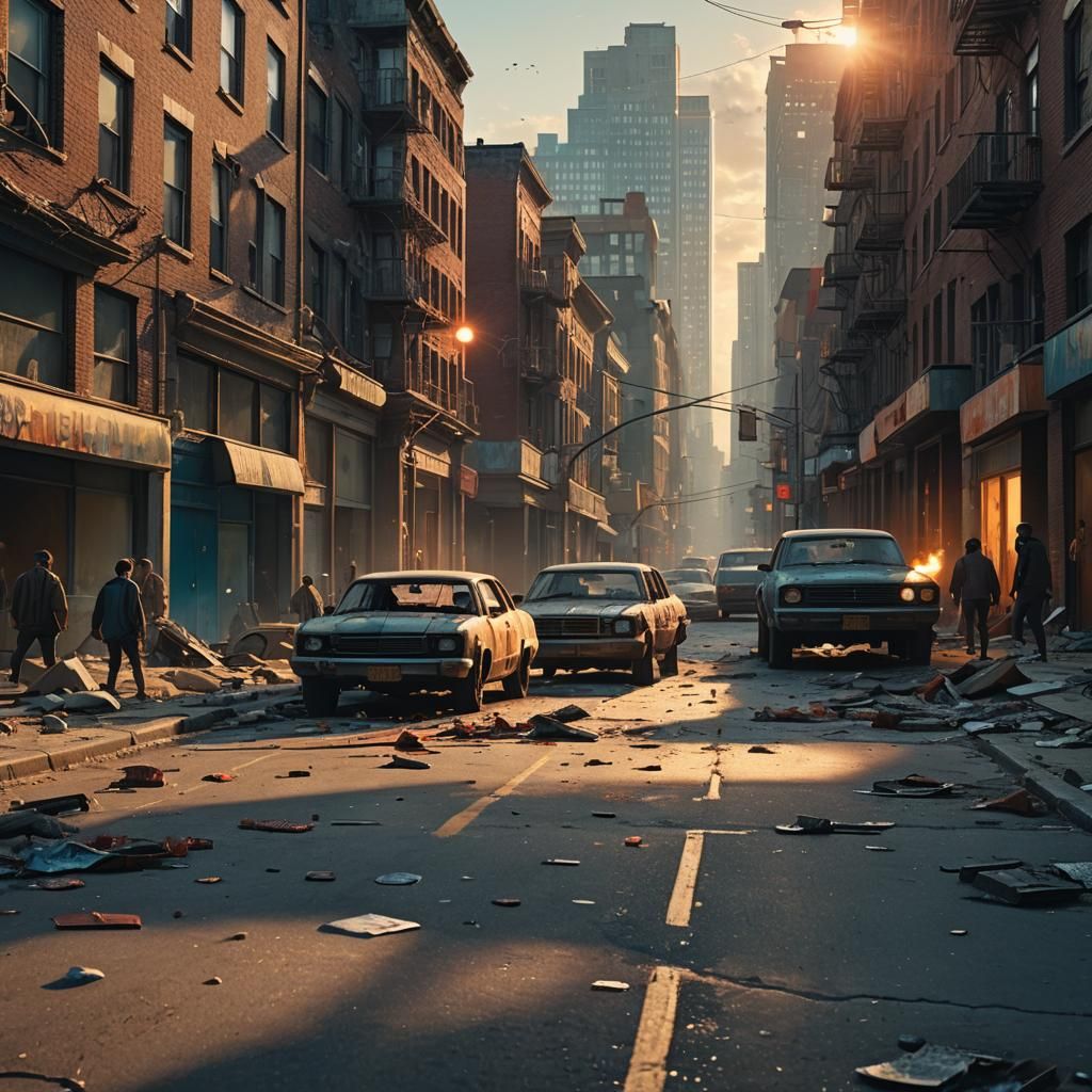 Zombies Roam Decayed City Street in Cinematic Style