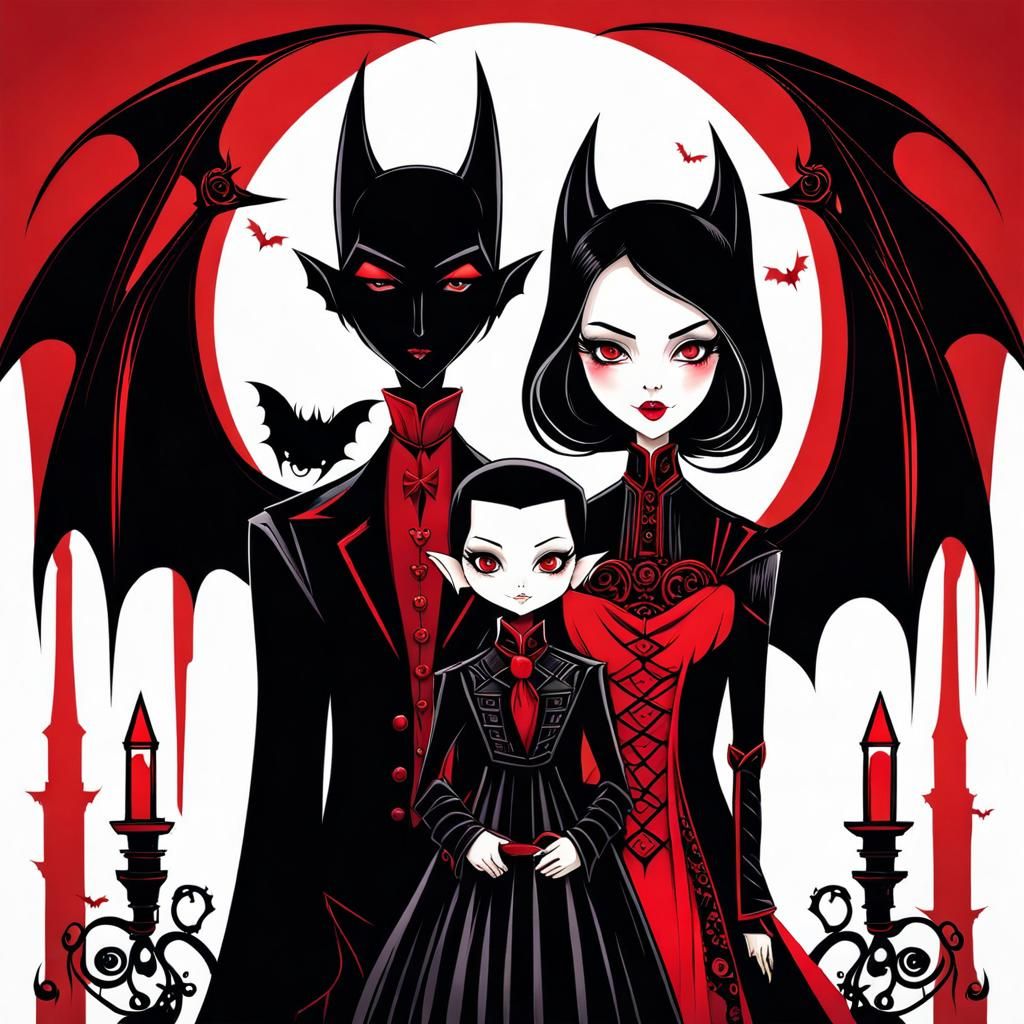 Elegant Vampires with Robotic Bat in Eerie Pen Art