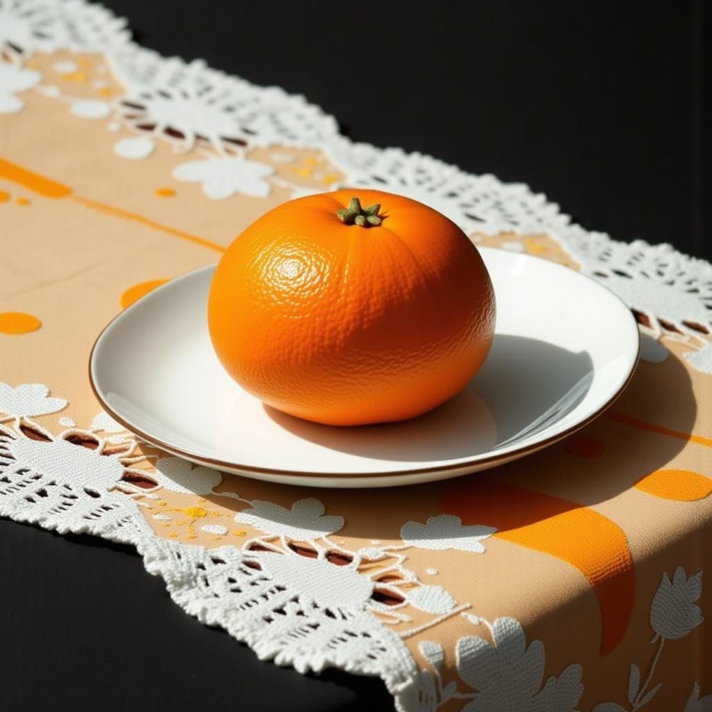 Glistening Candied Orange on Lace Tablecloth