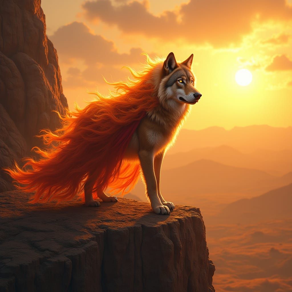 Fiery Wolf Overlooking Savanna in Hyperrealistic Style