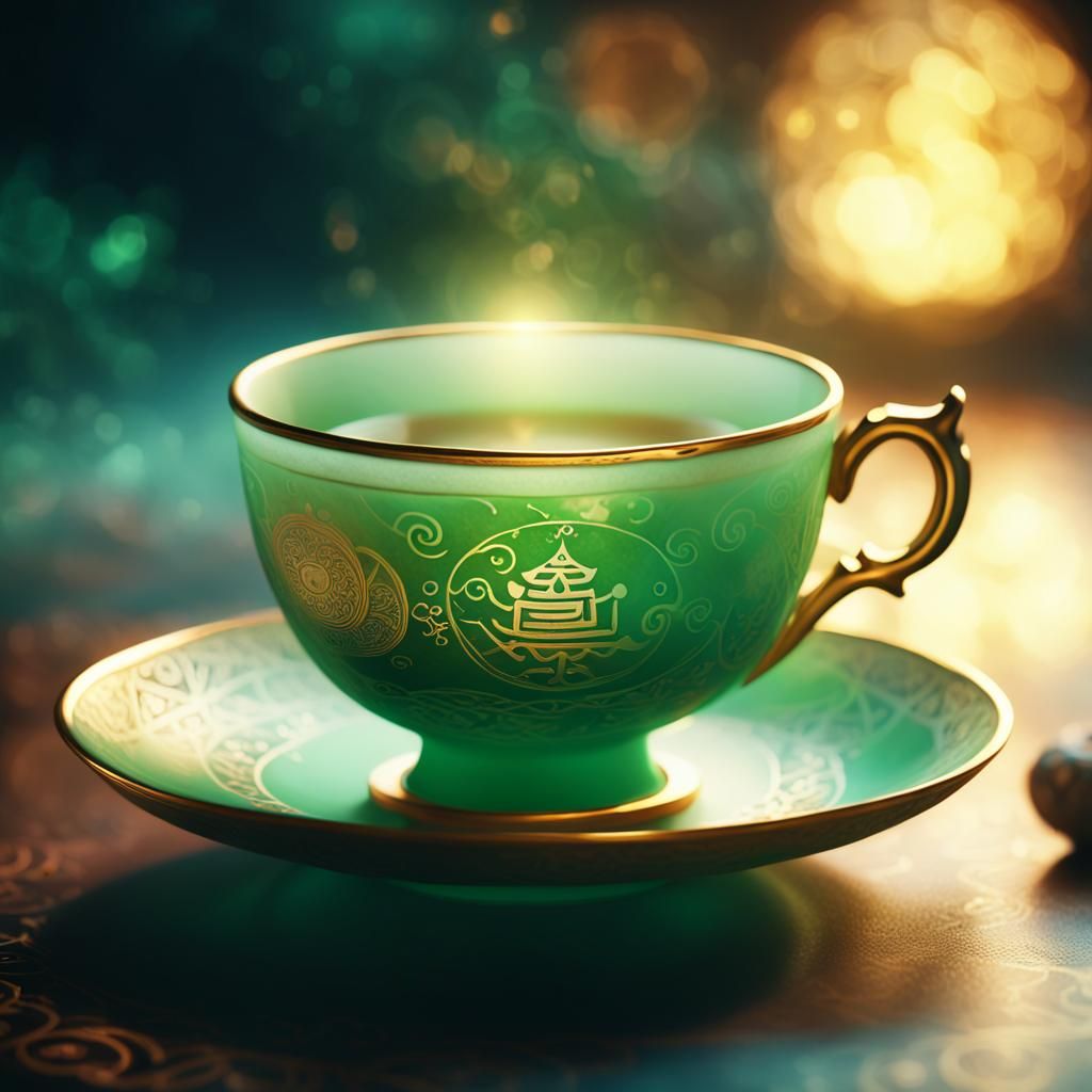 Ancient Jade Teacup in Mystic, Eastern-Inspired Art