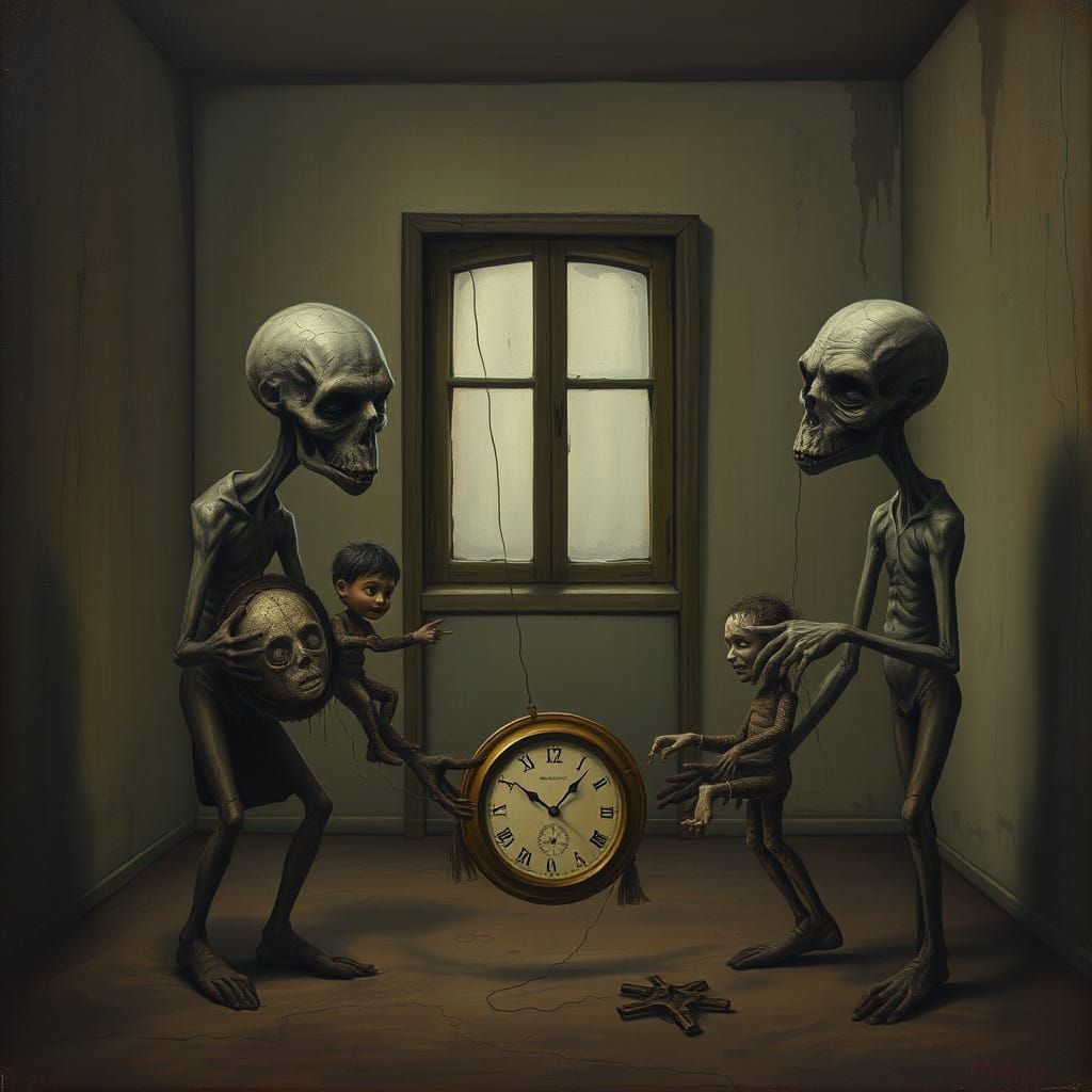 Surreal Figures in Dimly Lit Room