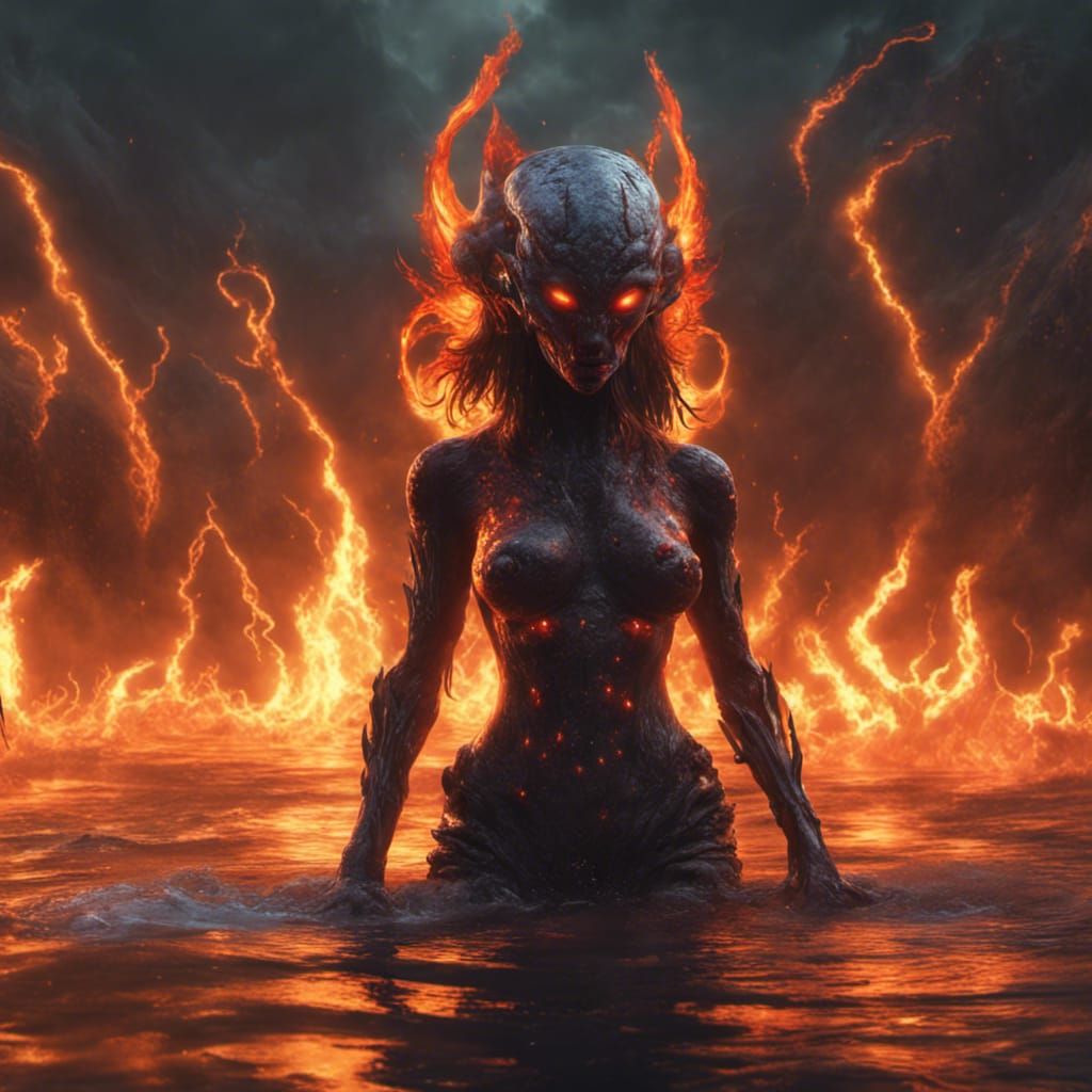 Fiery Lake Alien in Dark Fantasy Style