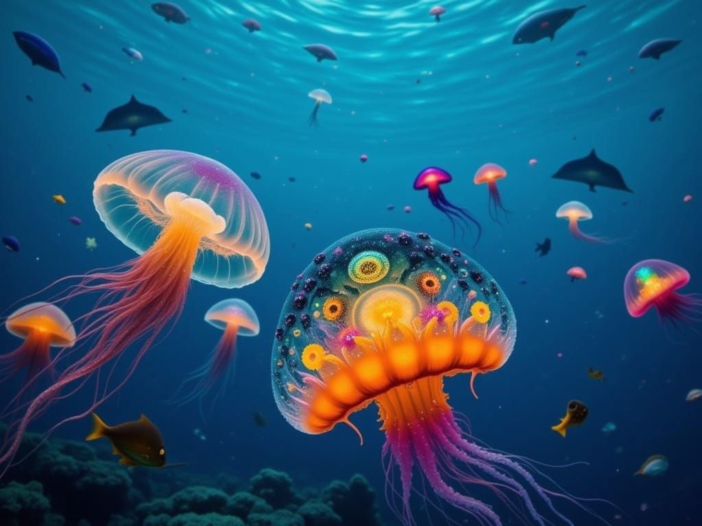 Bioluminescent Jellyfish Bloom in Blue-Green Ocean