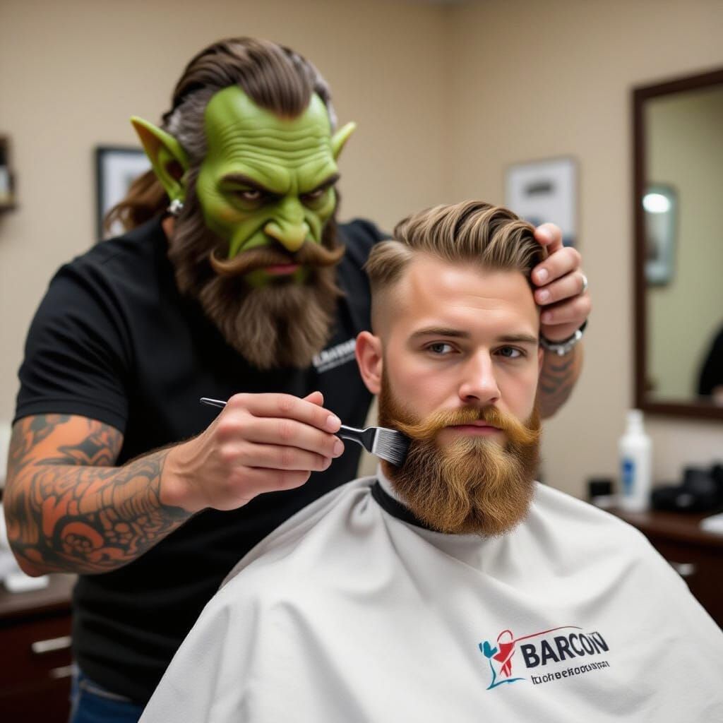 Orc Barber Shaves Blond Man's Beard