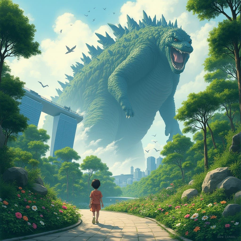 Godzilla Attacks Marina Bay Sands in Ghibli Style