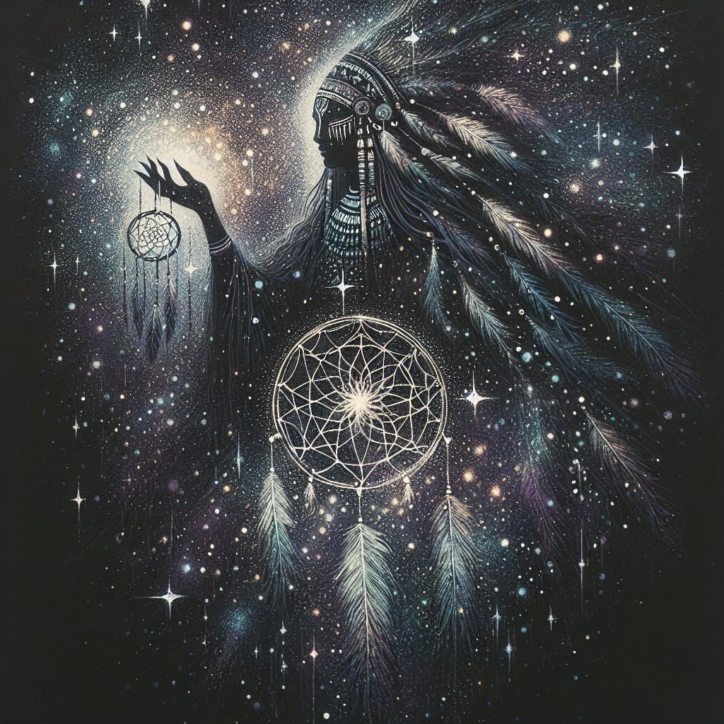 Shaman with Dreamcatcher in Cosmic Ink Drawing
