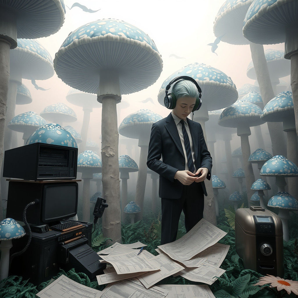 Bureaucrats Counting Mushrooms in Retro-Futuristic Forest