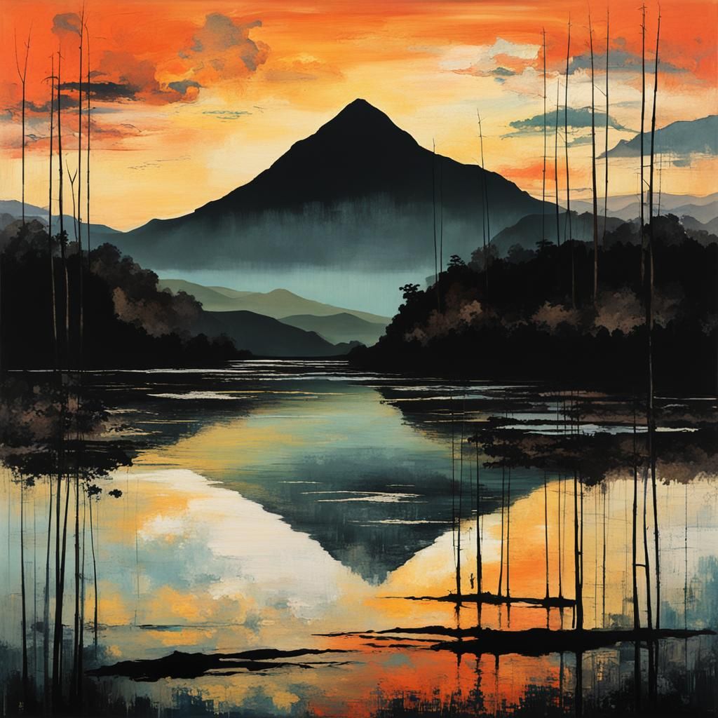 a tranquil riverscape echoing Kim Jung Man's serene style, mirroring a sunrise characterized by grunge and darkness
