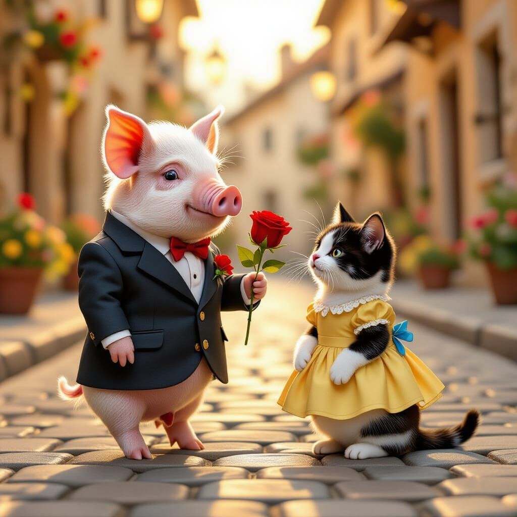 Pig in a Suit on a Date with a Cat