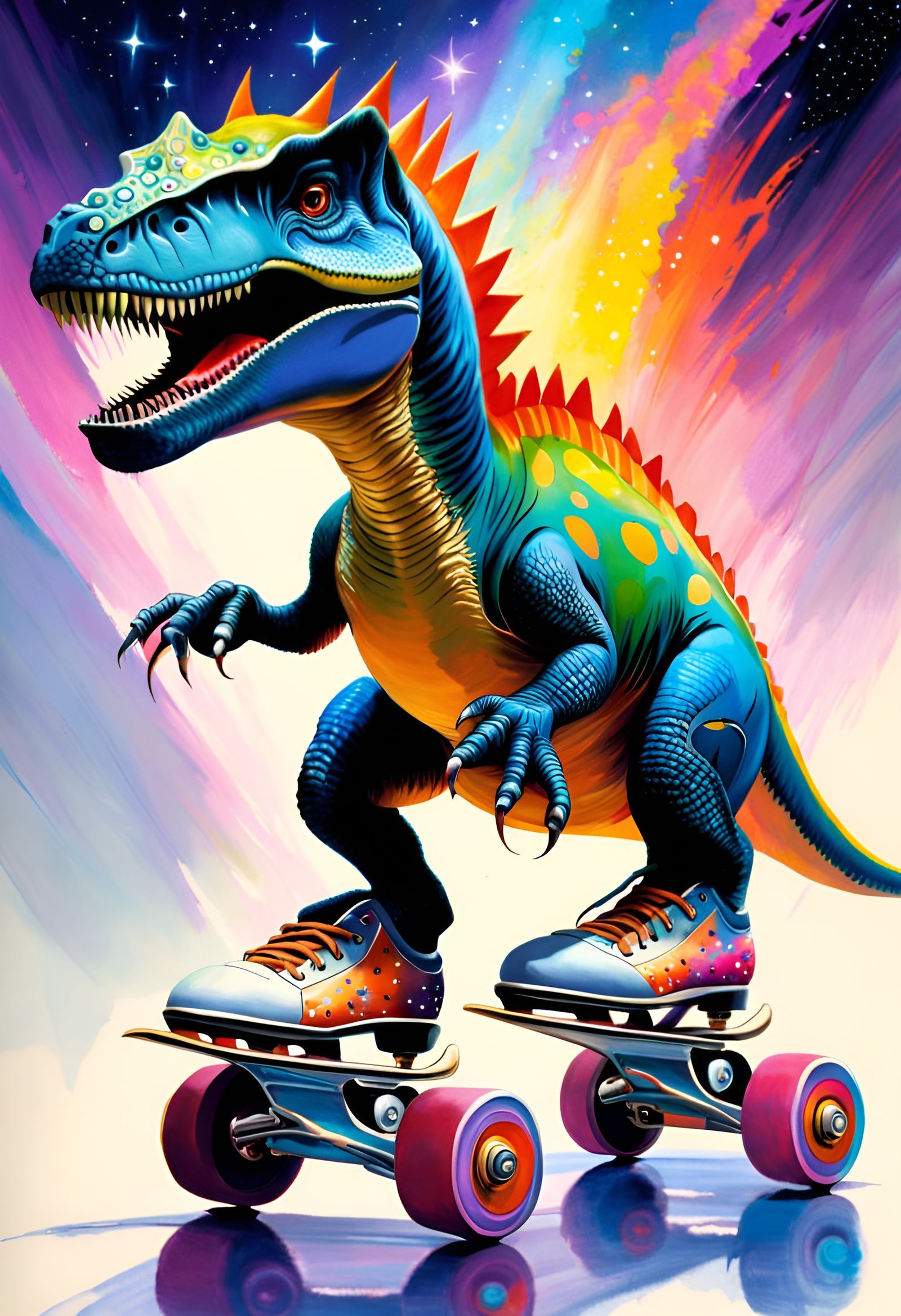 Dinosaur on Roller Skates in Space, Oil Painting