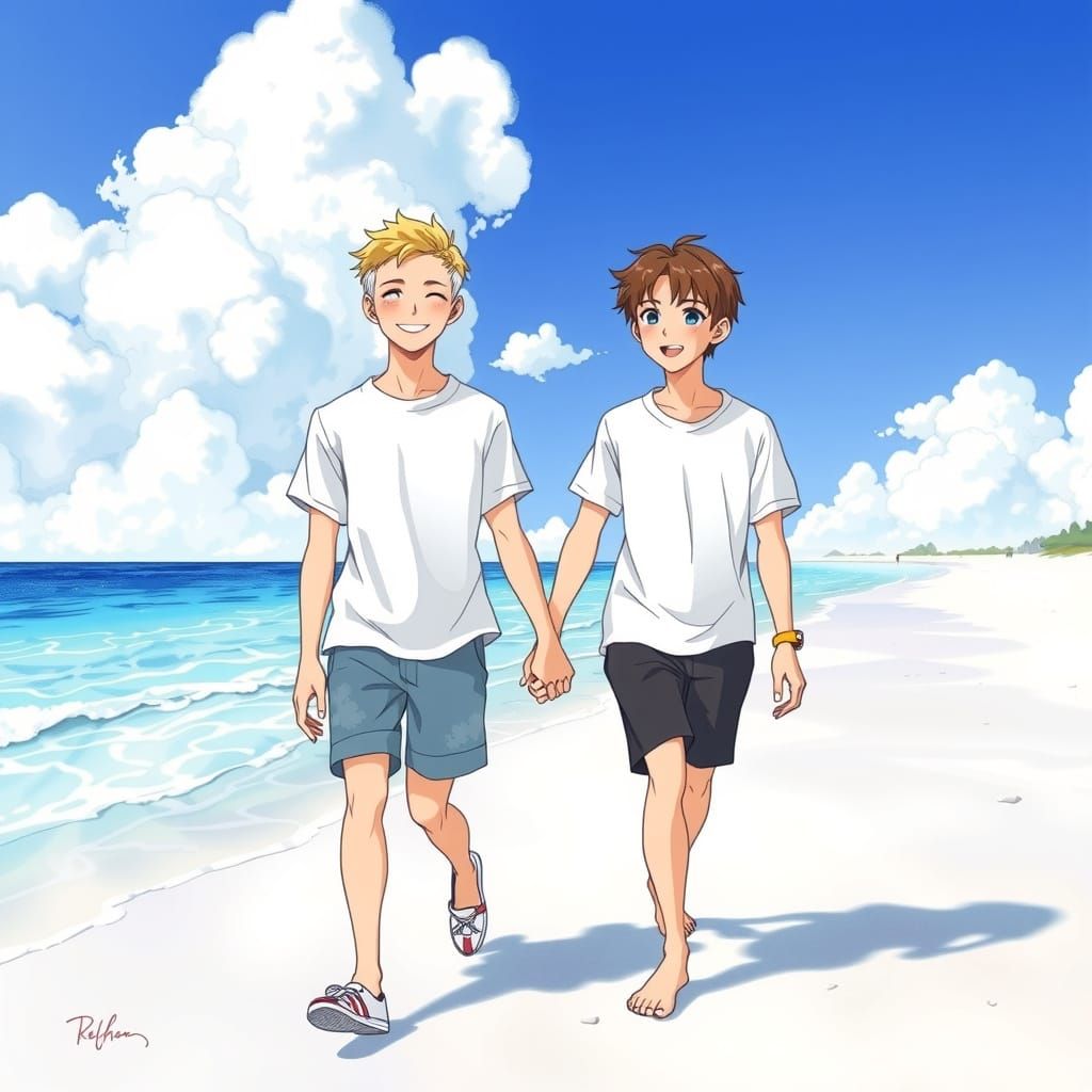 Whimsical Beach Romance in Vibrant Anime Style