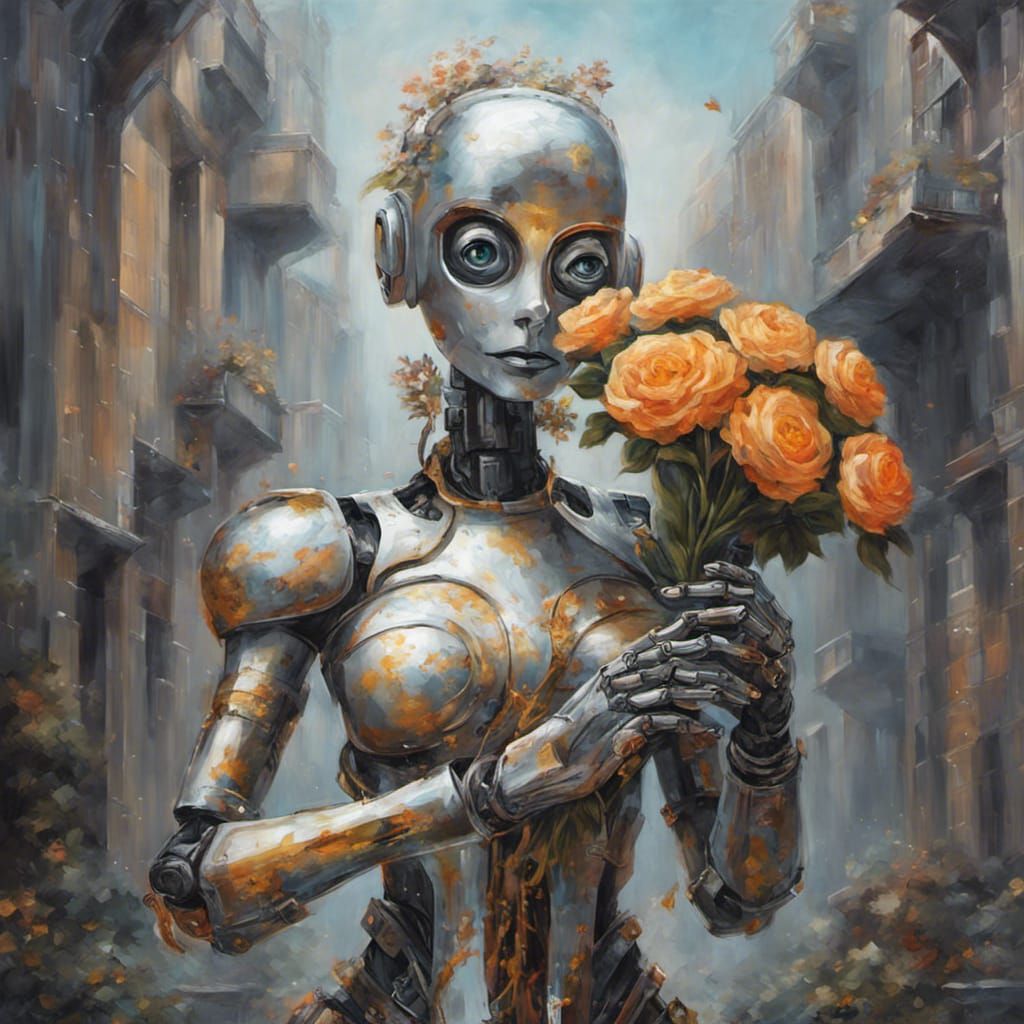 Robot with Metal Flowers in Oil Painting Style