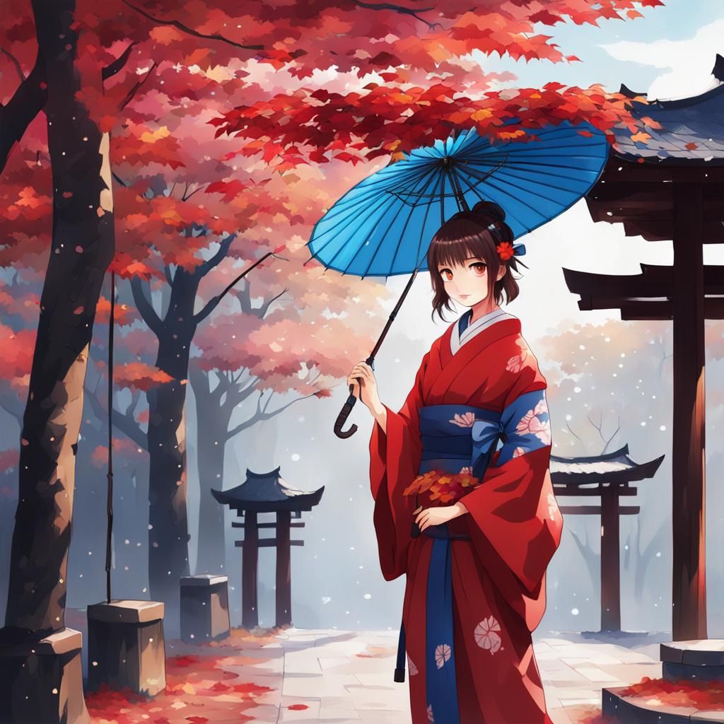 Girl in Red Kimono with Umbrella in Autumn