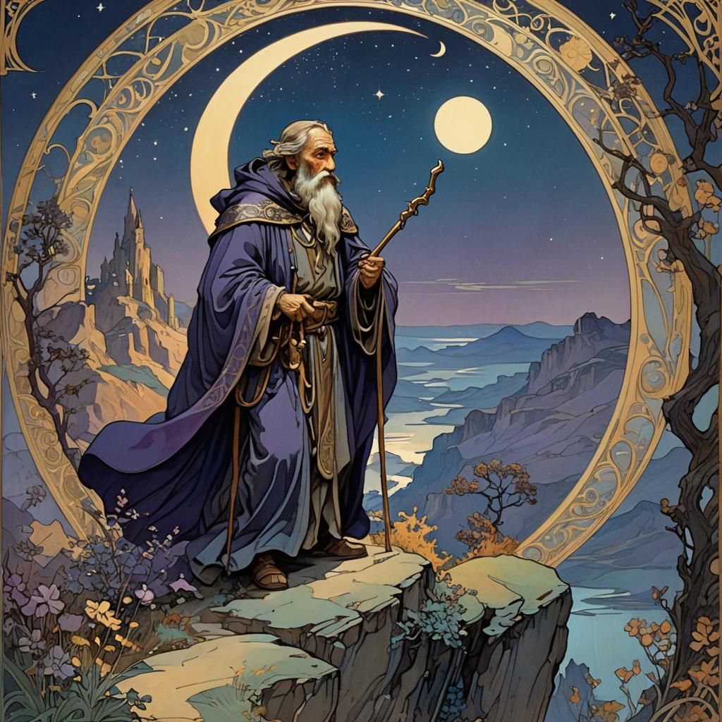 Fantasy Hermit Under Moonlight in Art Nouveau Style
