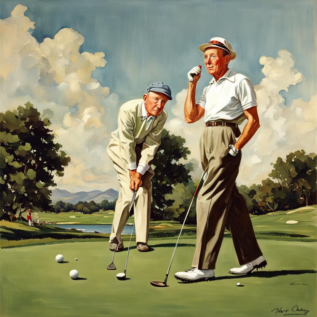 Bing Crosby playing golf. Norman Rockwell style.