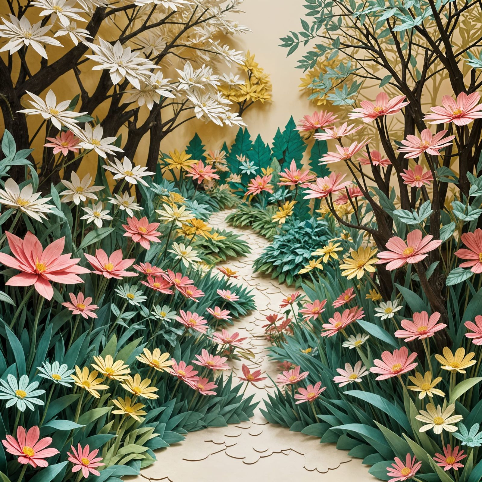 Paper Cut Garden Scene in Kirigami Style