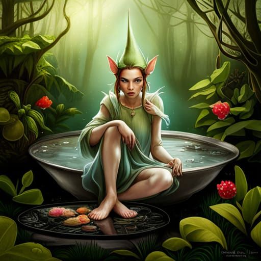 Whimsical Elf Creature Glaring in Garden