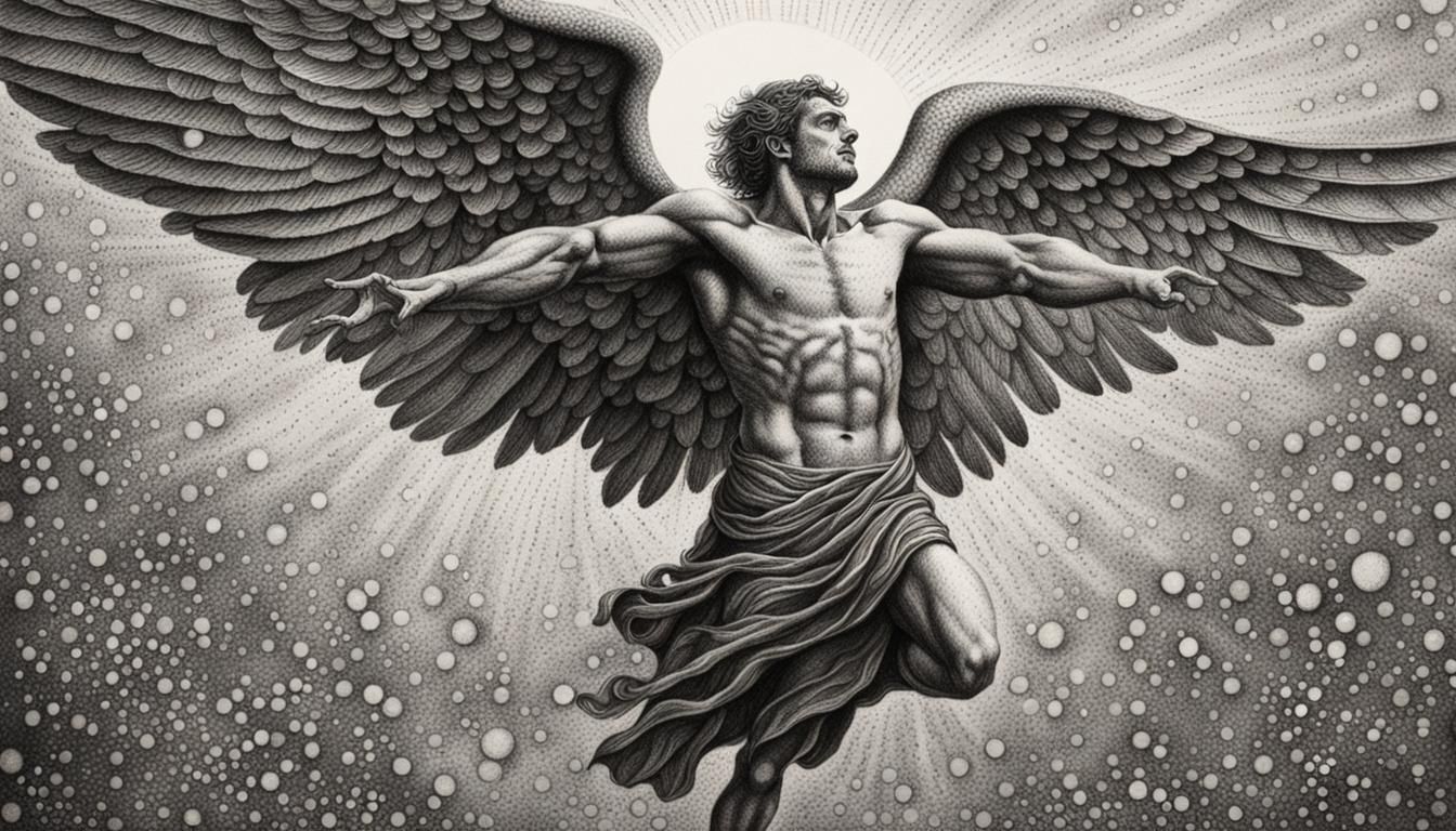 Icarus in Pointillism Style Charcoal Drawing