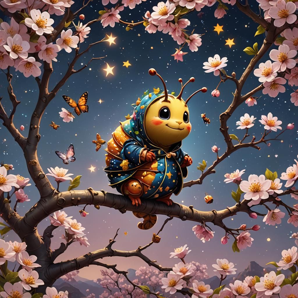 Cartoon Caterpillar in Pajamas on Cherry Tree