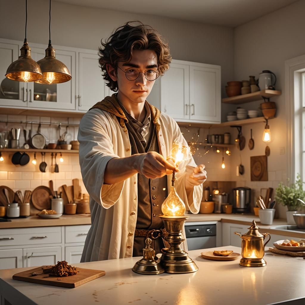 Young Wizard Creates Magical Lamp in Modern Kitchen