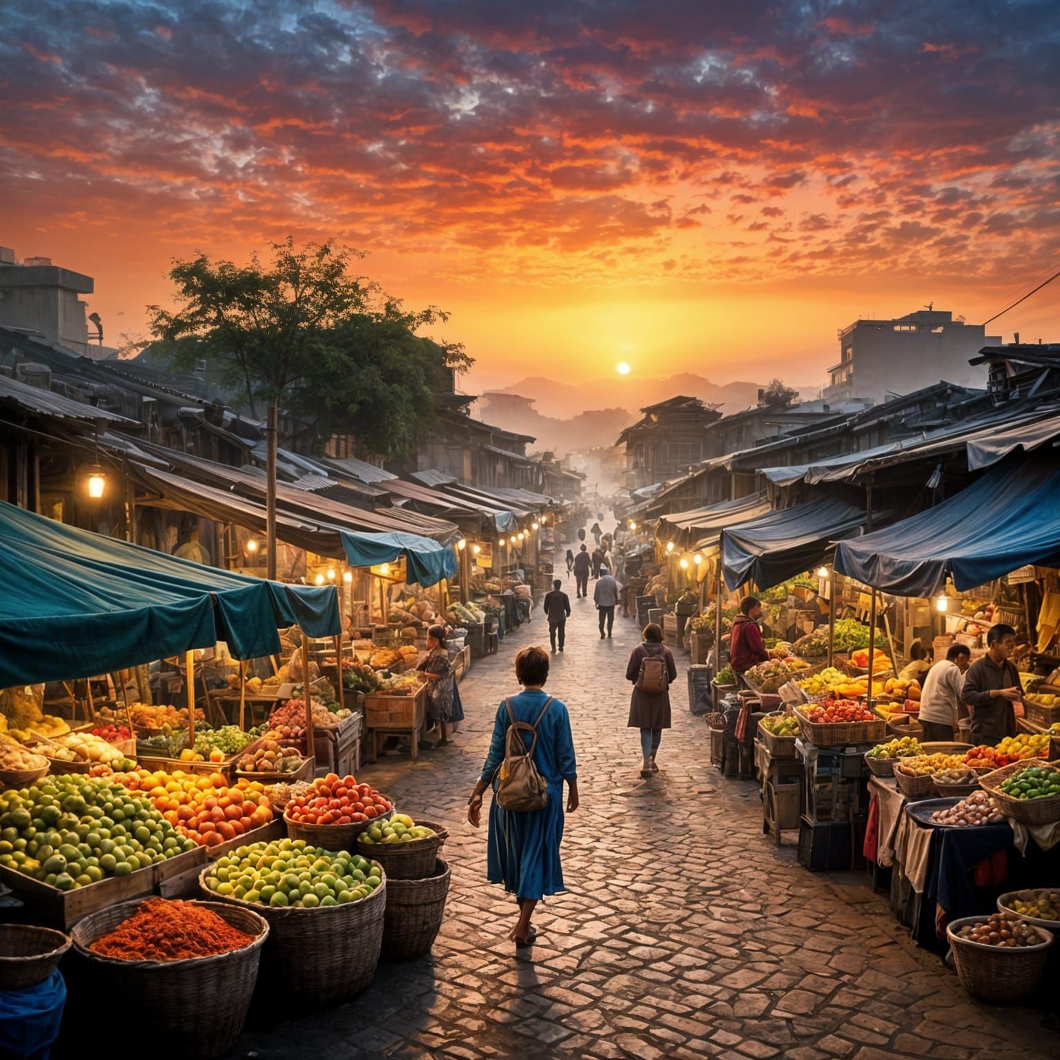 Traveler in Bustling Twilight Market: Painterly Realism