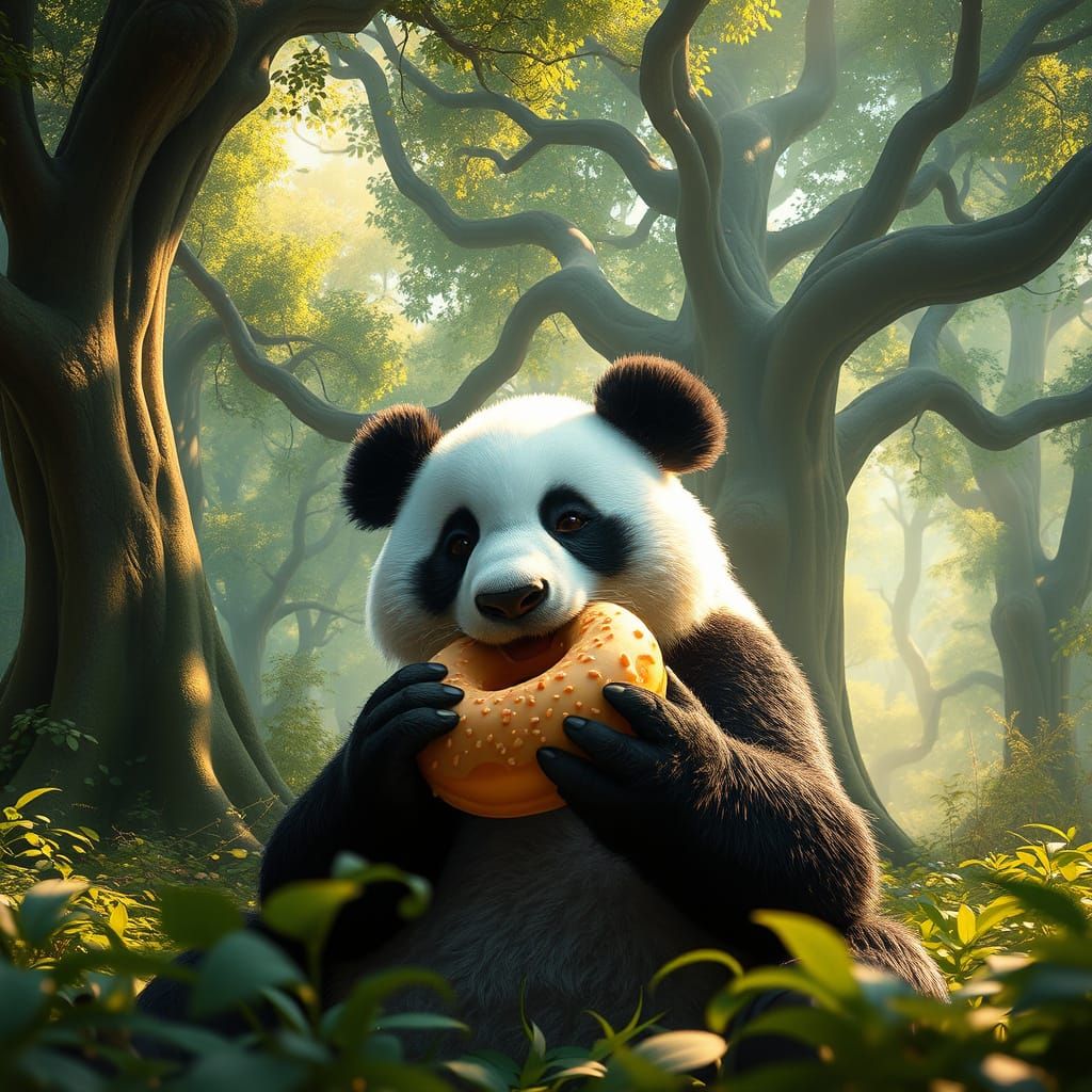 Majestic Panda Indulges in Donut amidst Vibrant Forest