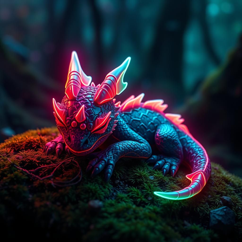 Neon Dragon Sleeps in Mossy Forest: Hyperrealistic Art