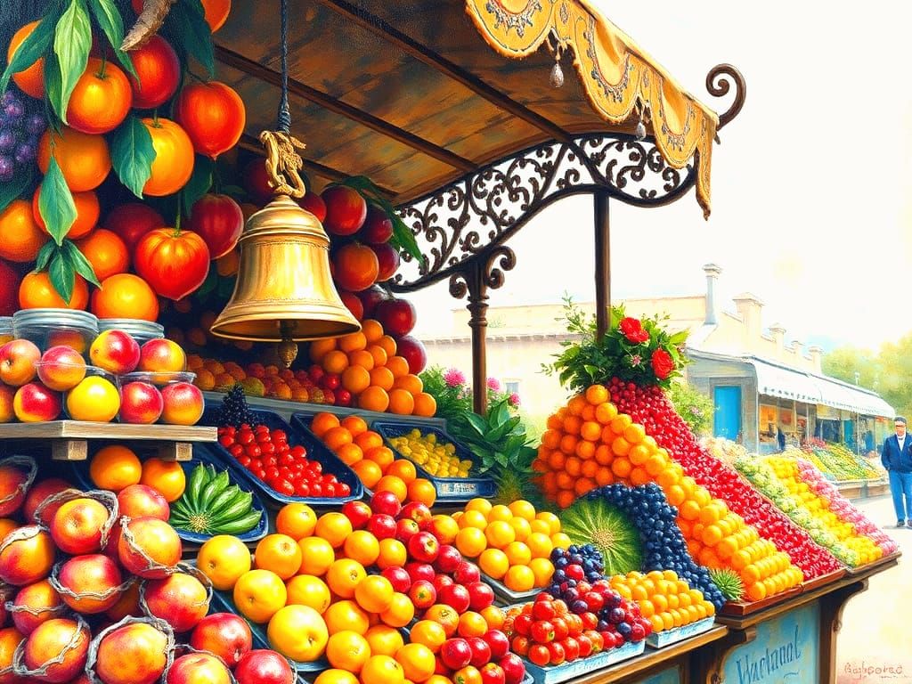 Vibrant Fruit Stand with Brass Bell