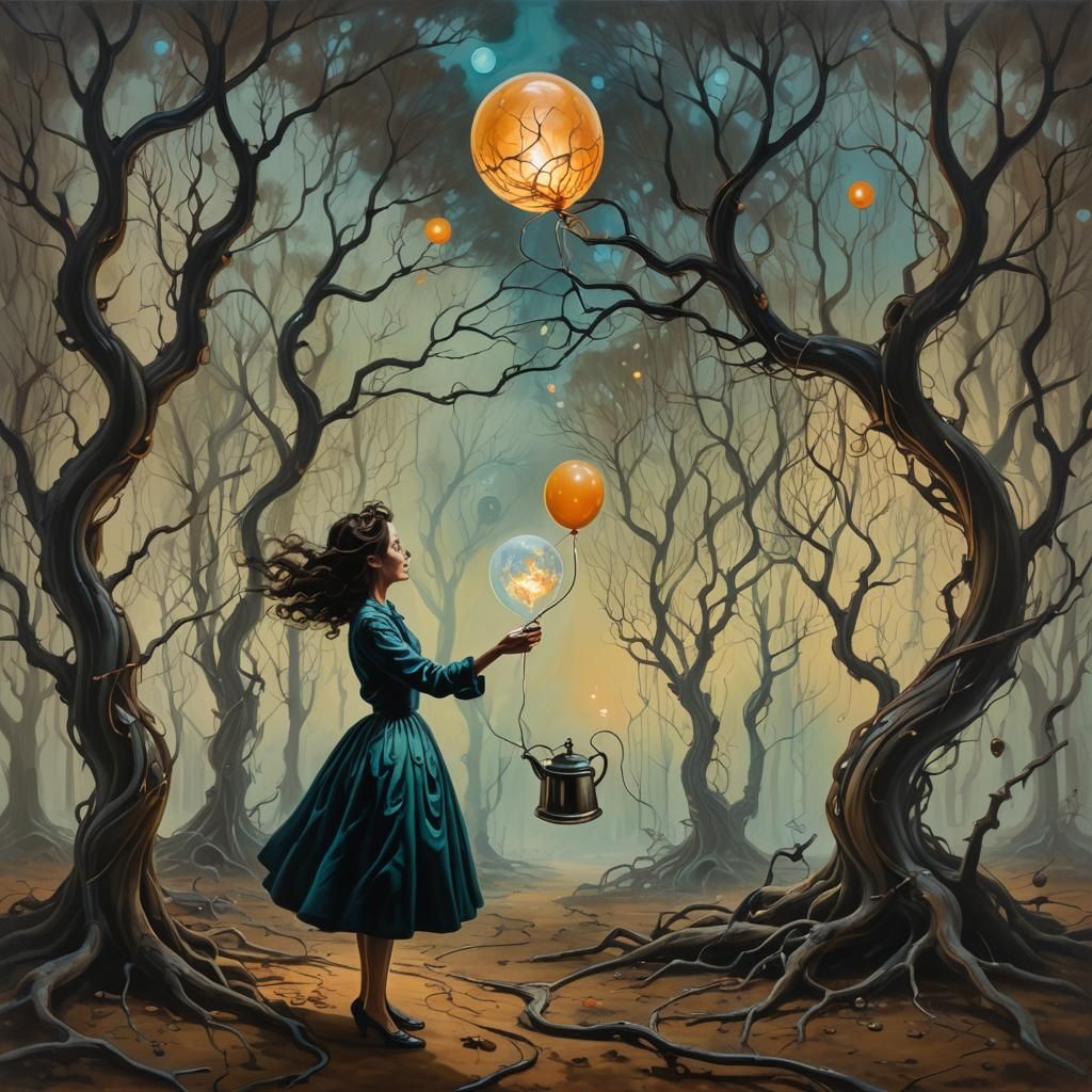 Surreal Forest Scene with Glowing Balloon, in Oil Paint Styl...