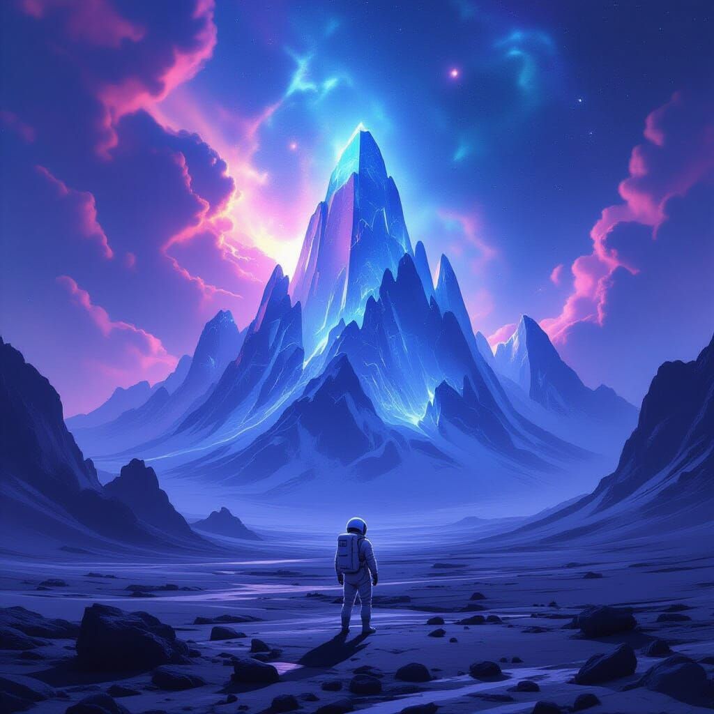 Astronaut Gazes at Crystal Mountains on Alien Planet