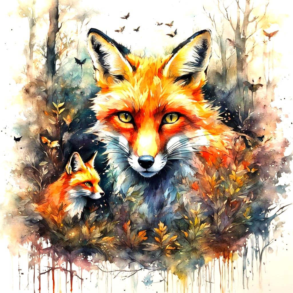 Fox and Black Cats in Fairy Tale Forest