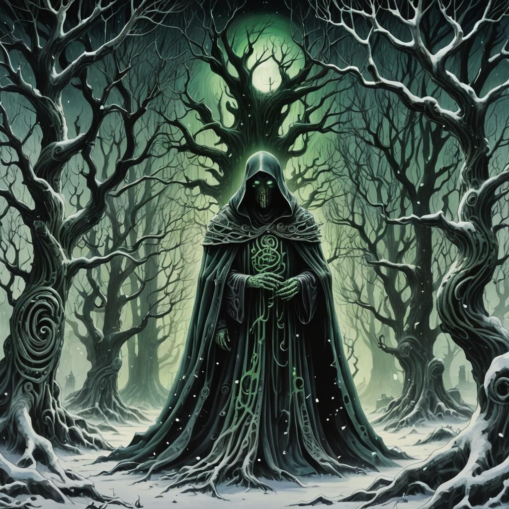 Eldritch Horror Figure in Snowy Zentangle Forest